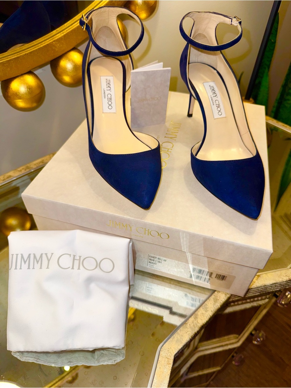 Jimmy Choo Lucy Sue Navy Blue Pointed-Toe Ankle-Strap Pumps - Size 40